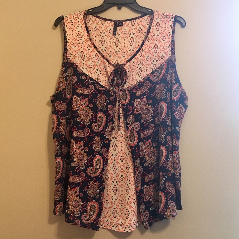 Sleeveless navy and pink paisley blouse